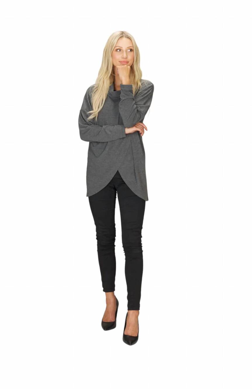 NEW PAPILLON cowl neck crossover front sweater in charcoal